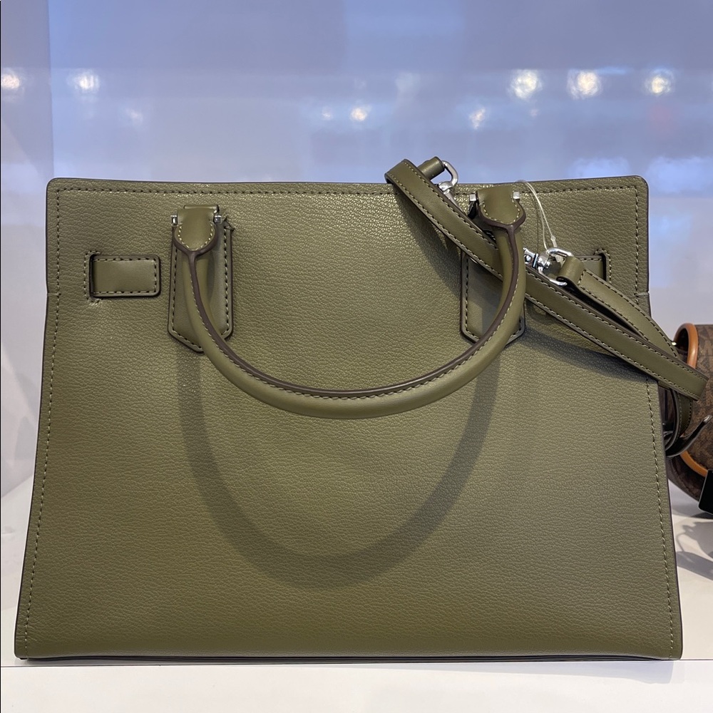 MICHAEL KORS Hamilton Md Leather and Snake Embossed Stripe Satchel
Olive 
NWT - Picture 6 of 16